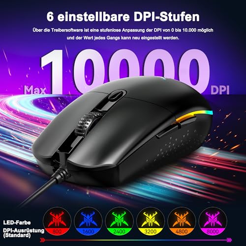 TECKNET RGB Gaming Maus Kabelgebundene, 10000 DPI, 6 programmierbaren Tasten, 10 Millionen Klicks Lebensdauer, Ergonomische USB Gaming Maus mit Kabel für PC Kohlenstoff-Schwarz Bild 3