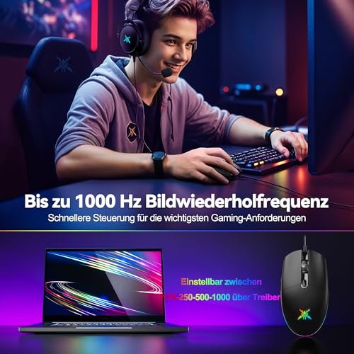 TECKNET RGB Gaming Maus Kabelgebundene, 10000 DPI, 6 programmierbaren Tasten, 10 Millionen Klicks Lebensdauer, Ergonomische USB Gaming Maus mit Kabel für PC Kohlenstoff-Schwarz Bild 4