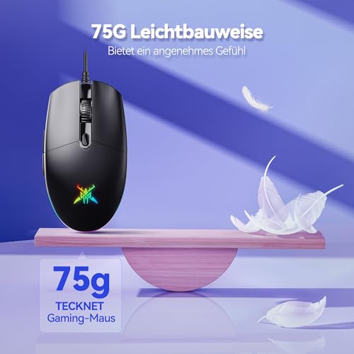 TECKNET RGB Gaming Maus Kabelgebundene, 10000 DPI, 6 programmierbaren Tasten, 10 Millionen Klicks Lebensdauer, Ergonomische USB Gaming Maus mit Kabel für PC Kohlenstoff-Schwarz Bild 5