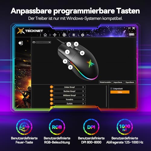 TECKNET RGB Gaming Maus Kabelgebundene, 10000 DPI, 6 programmierbaren Tasten, 10 Millionen Klicks Lebensdauer, Ergonomische USB Gaming Maus mit Kabel für PC Kohlenstoff-Schwarz Bild 6