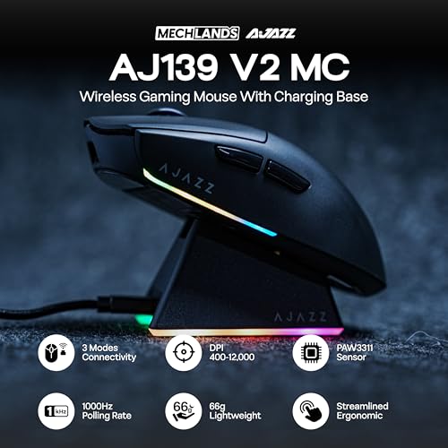 MechLands AJ139 V2 MC Gaming-Maus mit Ladestation, einstellbare 12000 DPI, PAW3311-Sensor, 3 Modi, kabellose Maus, 500-mAh-Akku, 1000-Hz-Abfragerate, 66 g leicht, Win/Mac (Schwarz) Bild 2