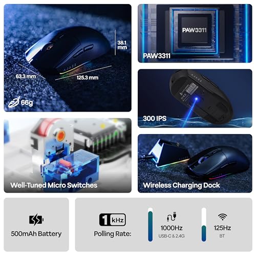 MechLands AJ139 V2 MC Gaming-Maus mit Ladestation, einstellbare 12000 DPI, PAW3311-Sensor, 3 Modi, kabellose Maus, 500-mAh-Akku, 1000-Hz-Abfragerate, 66 g leicht, Win/Mac (Schwarz) Bild 3