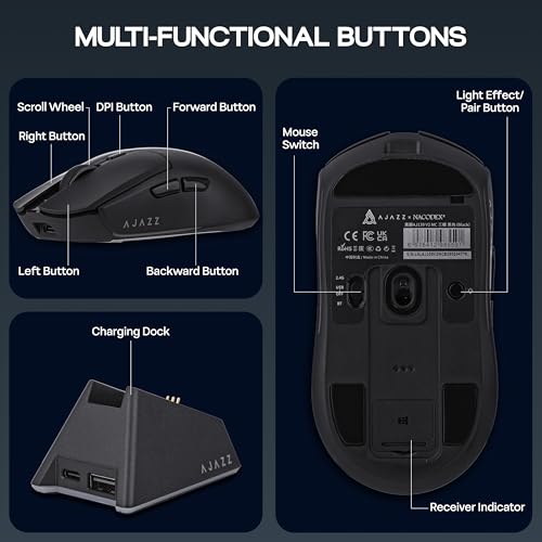 MechLands AJ139 V2 MC Gaming-Maus mit Ladestation, einstellbare 12000 DPI, PAW3311-Sensor, 3 Modi, kabellose Maus, 500-mAh-Akku, 1000-Hz-Abfragerate, 66 g leicht, Win/Mac (Schwarz) Bild 7