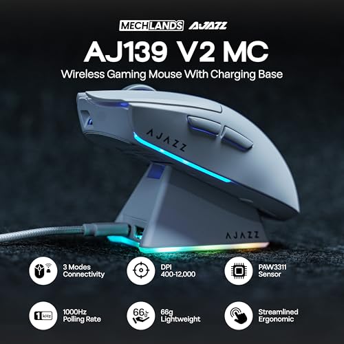 MechLands AJ139 V2 MC Gaming-Maus mit Ladestation, einstellbare 12000 DPI, PAW3311-Sensor, 3 Modi, kabellose Maus, 500-mAh-Akku, 1000-Hz-Abfragerate, 66 g leicht, Win/Mac (Weiß) Bild 2