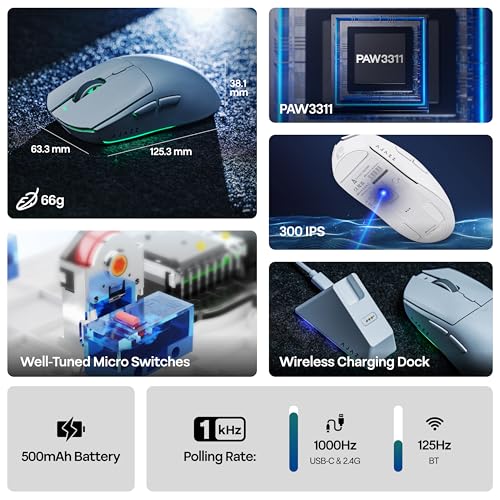 MechLands AJ139 V2 MC Gaming-Maus mit Ladestation, einstellbare 12000 DPI, PAW3311-Sensor, 3 Modi, kabellose Maus, 500-mAh-Akku, 1000-Hz-Abfragerate, 66 g leicht, Win/Mac (Weiß) Bild 3