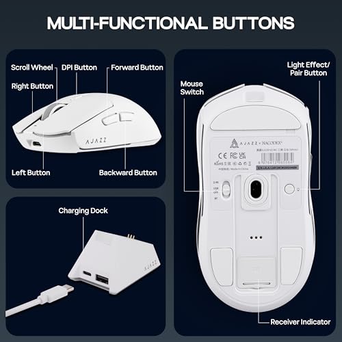 MechLands AJ139 V2 MC Gaming-Maus mit Ladestation, einstellbare 12000 DPI, PAW3311-Sensor, 3 Modi, kabellose Maus, 500-mAh-Akku, 1000-Hz-Abfragerate, 66 g leicht, Win/Mac (Weiß) Bild 7