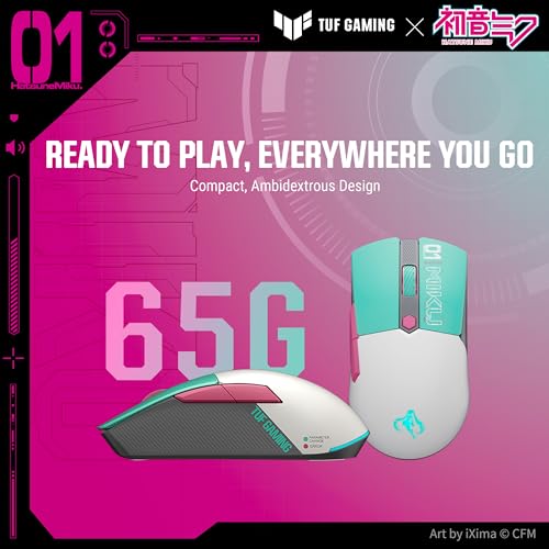 TUF Gaming Mini Wireless Mouse Hatsune Miku Edition - leichte, beidhändige kabellose 65 g Gaming-Maus mit Tri-Mode-Konnektivität, 12.000 dpi-Sensor und 100 Millionen Klicks Lebensdauer mechanische Bild 3
