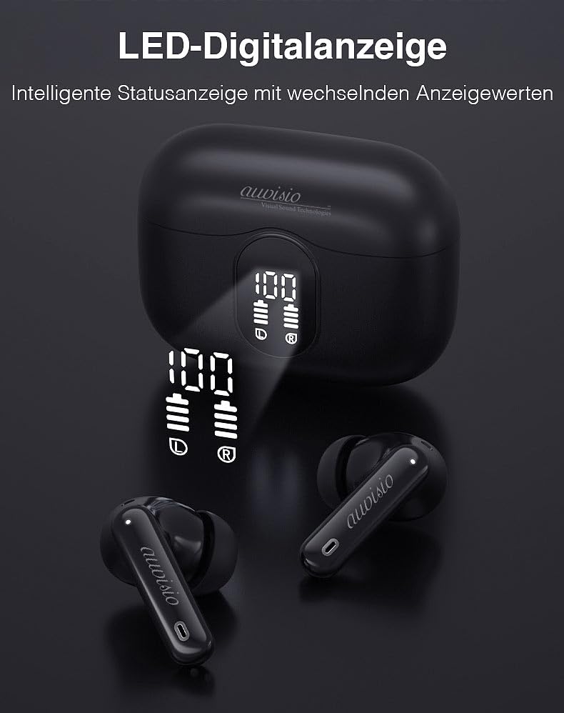 auvisio Headset, Bluetooth: Kabellose In-Ear-Kopfhörer mit Ladecase, Noise-Cancelling, schwarz (Kopfhörer für Pendler, Musik Bluetooth) Bild 3