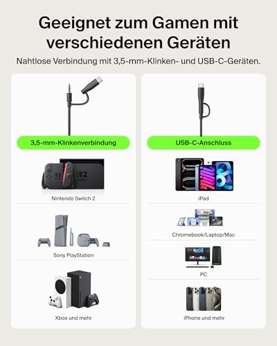 Belkin Gaming Inspire Kinderkopfhörer mit Kabel, USB-C-Dongle, einstellbarem Boom-Mikrofon, sicherer 85 dB Lautstärkebegrenzung, für Nintendo Switch 2, iPhone 16, Samsung Galaxy S25, Tablets – Schwarz Bild 2