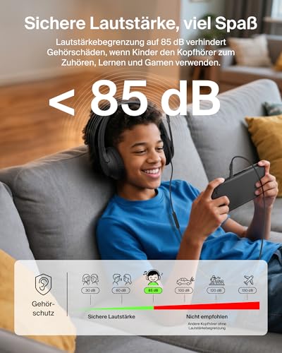 Belkin Gaming Inspire Kinderkopfhörer mit Kabel, USB-C-Dongle, einstellbarem Boom-Mikrofon, sicherer 85 dB Lautstärkebegrenzung, für Nintendo Switch 2, iPhone 16, Samsung Galaxy S25, Tablets – Schwarz Bild 3