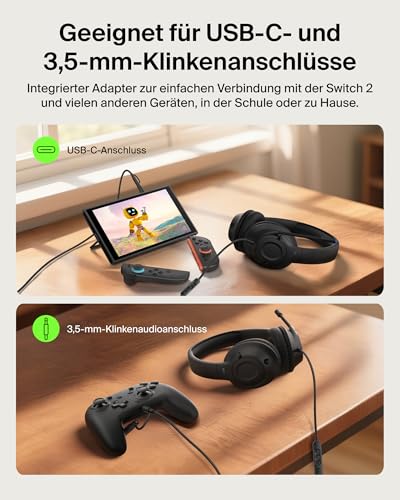 Belkin Gaming Inspire Kinderkopfhörer mit Kabel, USB-C-Dongle, einstellbarem Boom-Mikrofon, sicherer 85 dB Lautstärkebegrenzung, für Nintendo Switch 2, iPhone 16, Samsung Galaxy S25, Tablets – Schwarz Bild 4
