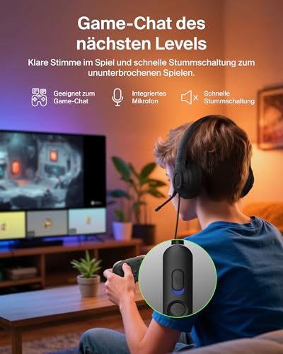 Belkin Gaming Inspire Kinderkopfhörer mit Kabel, USB-C-Dongle, einstellbarem Boom-Mikrofon, sicherer 85 dB Lautstärkebegrenzung, für Nintendo Switch 2, iPhone 16, Samsung Galaxy S25, Tablets – Schwarz Bild 5