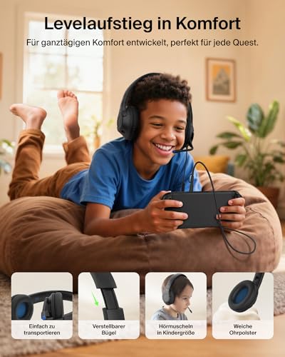 Belkin Gaming Inspire Kinderkopfhörer mit Kabel, USB-C-Dongle, einstellbarem Boom-Mikrofon, sicherer 85 dB Lautstärkebegrenzung, für Nintendo Switch 2, iPhone 16, Samsung Galaxy S25, Tablets – Schwarz Bild 6