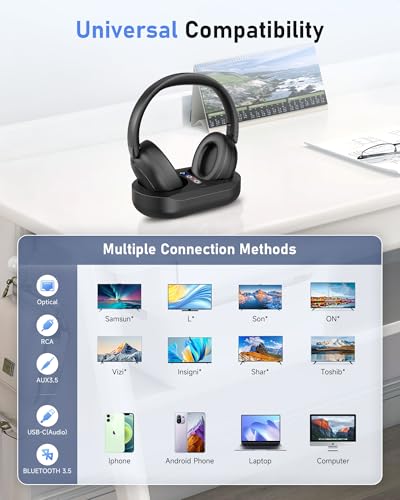 PILSAMAS Kabellose Kopfhörer zum Fernsehen – Manuell auswählbarer Bildschirmsender & LED-Ladestation, keine Latenz, 30,5 m – 2,4 G & Bluetooth-Headset für Samsung/LG/Sony-Fernseher, Senioren Bild 2