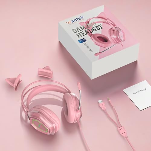 Wantak Katzenohr Kopfhörer mit Mikrofon – Kabel (3,5mm/USB) – Gaming Headset für PC/PS5/Xbox – Noise Cancelling, HiFi-Sound, 20-20.000Hz – Leicht & Bequem für Frauen/Mädchen (Pink) Bild 2