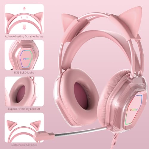 Wantak Katzenohr Kopfhörer mit Mikrofon – Kabel (3,5mm/USB) – Gaming Headset für PC/PS5/Xbox – Noise Cancelling, HiFi-Sound, 20-20.000Hz – Leicht & Bequem für Frauen/Mädchen (Pink) Bild 3