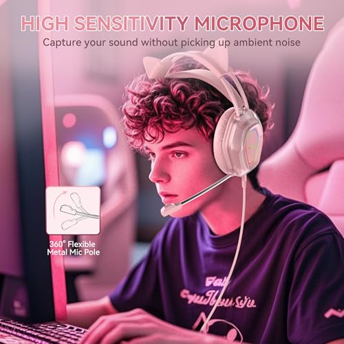 Wantak Katzenohr Kopfhörer mit Mikrofon – Kabel (3,5mm/USB) – Gaming Headset für PC/PS5/Xbox – Noise Cancelling, HiFi-Sound, 20-20.000Hz – Leicht & Bequem für Frauen/Mädchen (Pink) Bild 5