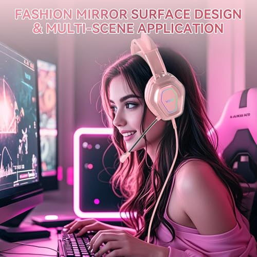 Wantak Katzenohr Kopfhörer mit Mikrofon – Kabel (3,5mm/USB) – Gaming Headset für PC/PS5/Xbox – Noise Cancelling, HiFi-Sound, 20-20.000Hz – Leicht & Bequem für Frauen/Mädchen (Pink) Bild 6