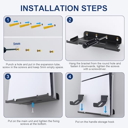 Wandhalterung Ständer für PS5/P5 Slim Konsole, Aufhängungshalterung Kompatibel mit P5 Slim Series Gaming -Konsolen, PS5 Standfuß PS5 Halterung Wand mit 2 Headset Gamepad Halter Gaming Zubehör Bild 5