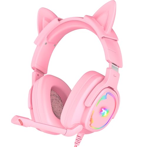 Jimonyer Gaming-Headset mit abnehmbaren Katzenohren für PC/PS4/PS5, Stereo-Surround-Sound, Gaming-Kopfhörer mit Geräuschunterdrückung, flexibles Mikrofon, Computer-Headset mit 3,5-mm-Klinkenstecker Bild 1