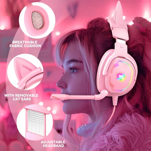 Jimonyer Gaming-Headset mit abnehmbaren Katzenohren für PC/PS4/PS5, Stereo-Surround-Sound, Gaming-Kopfhörer mit Geräuschunterdrückung, flexibles Mikrofon, Computer-Headset mit 3,5-mm-Klinkenstecker Bild 3