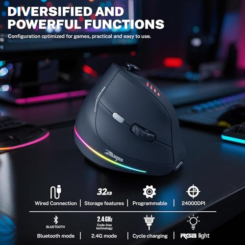 Gaming Maus mit 5D Rocker, Kabellose Vertikale Maus mit [24000 DPI] [12 Programmierbare Tasten], Computermaus für Gamer/PC/E-Sports/Laptop (Schwarz) Bild 2