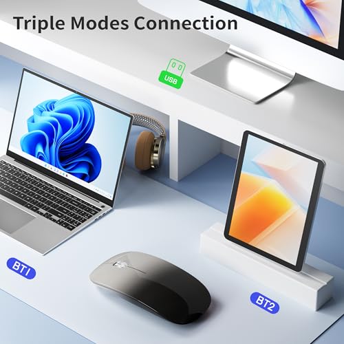 Uiosmuph Bluetooth Maus, Kabellose Maus mit USB-Nano-Empfänger, Tri-Mode (Dual Bluetooth 5.1 + 2.4GHz) Leise Funkmaus Wiederaufladbare für Laptop, PC, iPad, Mac, Grau und Schwarz Bild 2