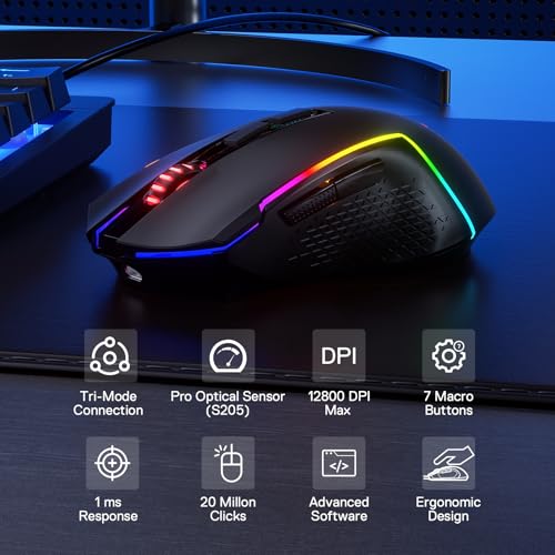 Redragon M693 LIT Kabellose Gaming-Maus, 12800 DPI-Mäuse mit 3-Modus-Verbindung, BT & 2,4G kabellos, 7 Makro-Tasten, zuverlässige Leistungskapazität für PC/Mac/Laptop Bild 2