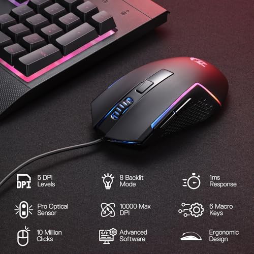Redragon S151 Gaming-Tastatur- und Maus-Kombination, 104 Tasten K525 kabelgebundene RGB-Membrantastatur und 10000 DPI kabelgebundene M616 Gaming-Maus im Bundle, US-Layout Bild 3