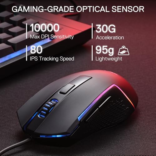 Redragon S151 Gaming-Tastatur- und Maus-Kombination, 104 Tasten K525 kabelgebundene RGB-Membrantastatur und 10000 DPI kabelgebundene M616 Gaming-Maus im Bundle, US-Layout Bild 6