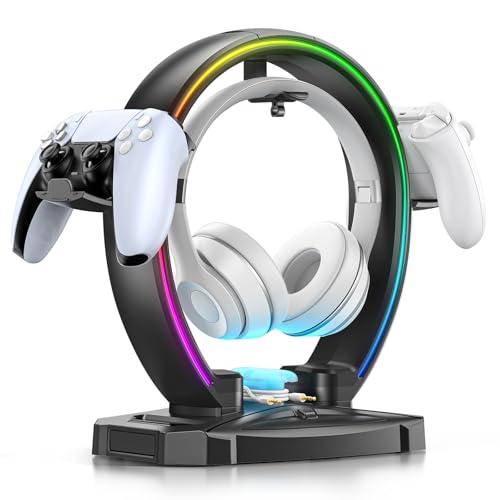 KDD Led Kopfhörer Ständer mit 9 Lichtmodi – Gaming Headset Halterung Schreibtisch – Faltbar Controller Halter mit Kabel Organizer - Headset und Controller Haltrung für Gamer PC Gaming Zubehör Bild 1