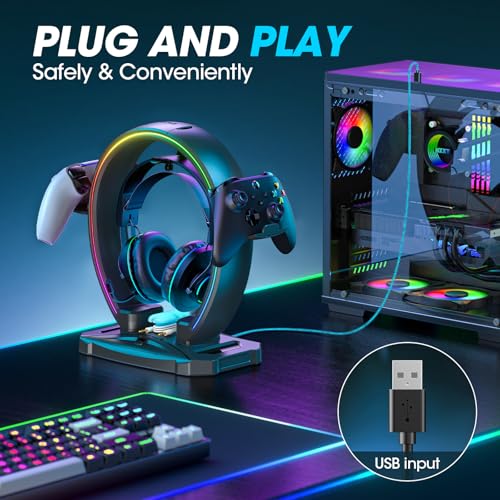 KDD Led Kopfhörer Ständer mit 9 Lichtmodi – Gaming Headset Halterung Schreibtisch – Faltbar Controller Halter mit Kabel Organizer - Headset und Controller Haltrung für Gamer PC Gaming Zubehör Bild 2