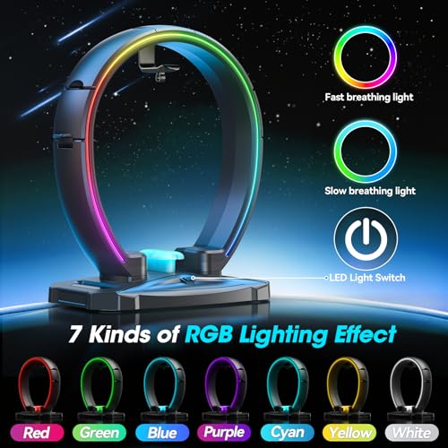 KDD Led Kopfhörer Ständer mit 9 Lichtmodi – Gaming Headset Halterung Schreibtisch – Faltbar Controller Halter mit Kabel Organizer - Headset und Controller Haltrung für Gamer PC Gaming Zubehör Bild 3