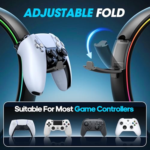 KDD Led Kopfhörer Ständer mit 9 Lichtmodi – Gaming Headset Halterung Schreibtisch – Faltbar Controller Halter mit Kabel Organizer - Headset und Controller Haltrung für Gamer PC Gaming Zubehör Bild 4