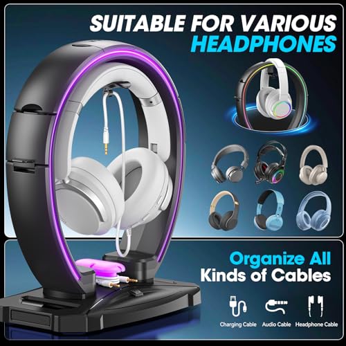 KDD Led Kopfhörer Ständer mit 9 Lichtmodi – Gaming Headset Halterung Schreibtisch – Faltbar Controller Halter mit Kabel Organizer - Headset und Controller Haltrung für Gamer PC Gaming Zubehör Bild 5