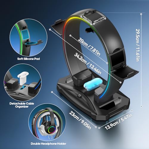 KDD Led Kopfhörer Ständer mit 9 Lichtmodi – Gaming Headset Halterung Schreibtisch – Faltbar Controller Halter mit Kabel Organizer - Headset und Controller Haltrung für Gamer PC Gaming Zubehör Bild 6