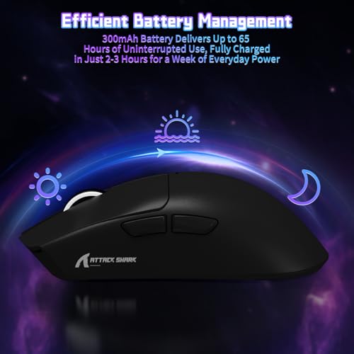 ATTACK SHARK X11SE Kabellose Gaming-Maus, 63g Superleicht, mit PixArt PAW3311-Sensor, 22000 DPI, Tri-Mode BT/2,4 GHz/Kabelgebunden, 1000Hz, 300mAh Battery, Dual-Treiber, für PC/Xbox/PS/Mac, Schwarz Bild 6