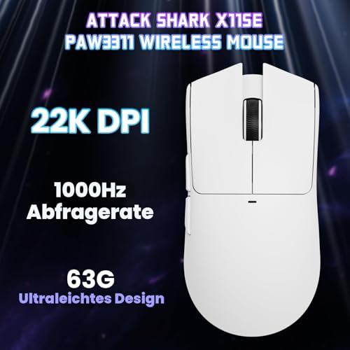ATTACK SHARK X11SE Kabellose Gaming-Maus, 63g Superleicht, mit PixArt PAW3311-Sensor, 22000 DPI, Tri-Mode BT/2,4 GHz/Kabelgebunden, 1000Hz, 300mAh Battery, Dual-Treiber, für PC/Xbox/PS/Mac, Weiß Bild 3
