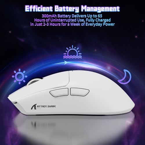 ATTACK SHARK X11SE Kabellose Gaming-Maus, 63g Superleicht, mit PixArt PAW3311-Sensor, 22000 DPI, Tri-Mode BT/2,4 GHz/Kabelgebunden, 1000Hz, 300mAh Battery, Dual-Treiber, für PC/Xbox/PS/Mac, Weiß Bild 6