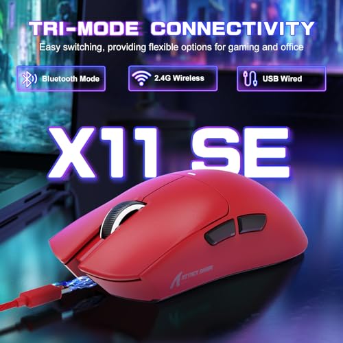 MAMBASNAKE X ATTACK SHARK X11SE Kabellose Gaming-Maus–Bis zu 22000 DPI,PixArt PAW3311 Sensor,BT/2,4 G/kabelgebunden,59g leicht,2000W Klicks,40G Beschleunigung,Lange Akkulaufzeit,für Win/Mac–Rot Bild 2