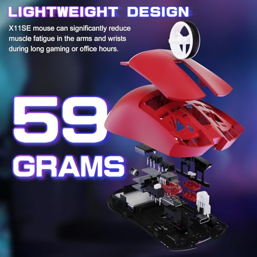 MAMBASNAKE X ATTACK SHARK X11SE Kabellose Gaming-Maus–Bis zu 22000 DPI,PixArt PAW3311 Sensor,BT/2,4 G/kabelgebunden,59g leicht,2000W Klicks,40G Beschleunigung,Lange Akkulaufzeit,für Win/Mac–Rot Bild 3