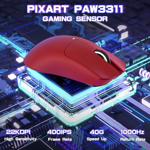 MAMBASNAKE X ATTACK SHARK X11SE Kabellose Gaming-Maus–Bis zu 22000 DPI,PixArt PAW3311 Sensor,BT/2,4 G/kabelgebunden,59g leicht,2000W Klicks,40G Beschleunigung,Lange Akkulaufzeit,für Win/Mac–Rot Bild 4