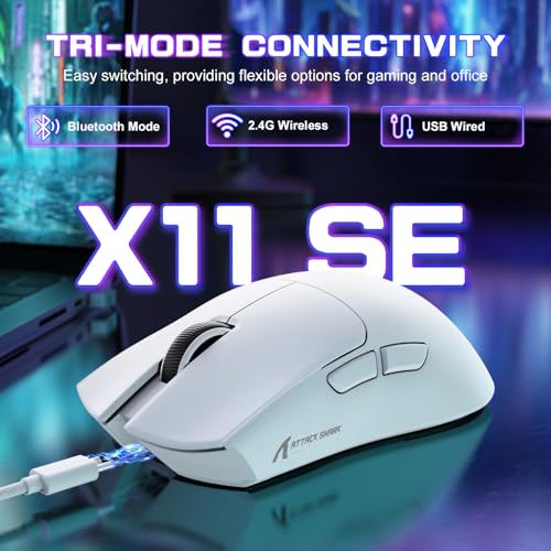 MAMBASNAKE X ATTACK SHARK X11SE Kabellose Gaming-Maus–Bis zu 22000 DPI,PixArt PAW3311 Sensor,BT/2,4 G/kabelgebunden,59g leicht,2000W Klicks,40G Beschleunigung,Lange Akkulaufzeit,für Win/Mac–Weiß Bild 2
