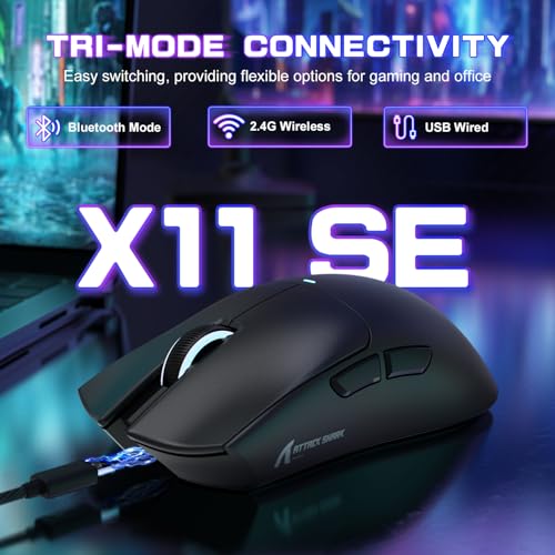 MAMBASNAKE X ATTACK SHARK X11SE Kabellose Gaming-Maus–Bis zu 22000 DPI,PixArt PAW3311 Sensor,BT/2,4 G/kabelgebunden,59g leicht,2000W Klicks,40G Beschleunigung,Lange Akkulaufzeit,für Win/Mac–Schwarz Bild 2