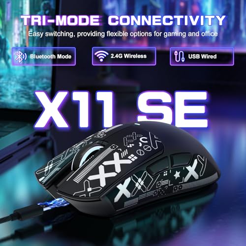 MAMBASNAKE X ATTACK SHARK X11SE Kabellose Gaming-Maus,22000 DPI,PixArt PAW3311 Sensor,BT/2,4 G/kabelgebunden,59g leicht mit Band,2000W Klicks,40G Beschleunigung,lange Batterie,für Win/Mac–Schwarz Bild 2