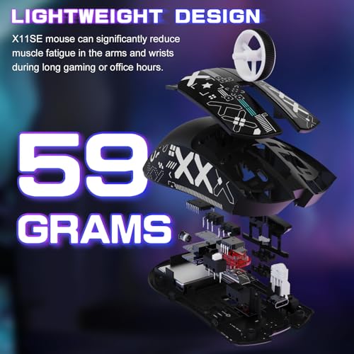 MAMBASNAKE X ATTACK SHARK X11SE Kabellose Gaming-Maus,22000 DPI,PixArt PAW3311 Sensor,BT/2,4 G/kabelgebunden,59g leicht mit Band,2000W Klicks,40G Beschleunigung,lange Batterie,für Win/Mac–Schwarz Bild 3