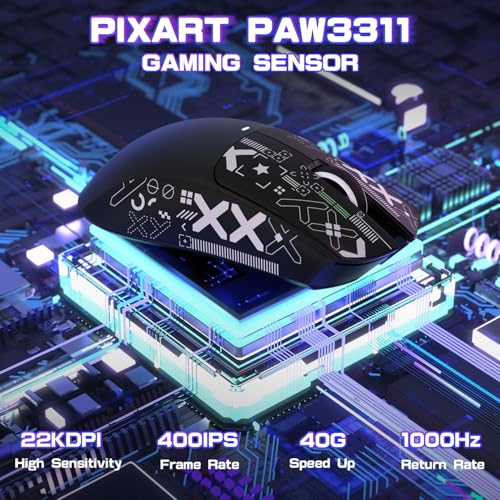 MAMBASNAKE X ATTACK SHARK X11SE Kabellose Gaming-Maus,22000 DPI,PixArt PAW3311 Sensor,BT/2,4 G/kabelgebunden,59g leicht mit Band,2000W Klicks,40G Beschleunigung,lange Batterie,für Win/Mac–Schwarz Bild 4