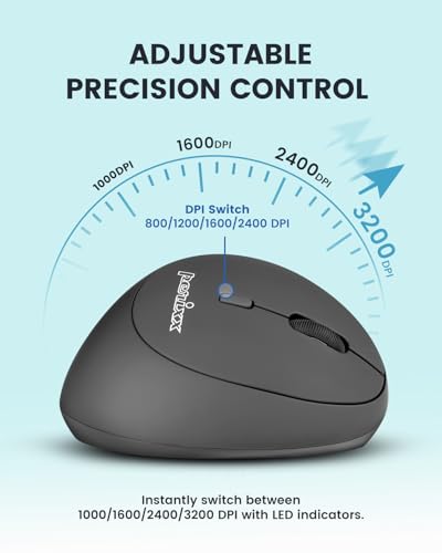 Perixx PERIMICE-719RX Kabellose Duo-Akku Ergonomische Vertikale Maus, 2.4GHz, 6 Tasten, Einstellbare DPI 1000/1600/2400/3200, Schwarz Bild 7