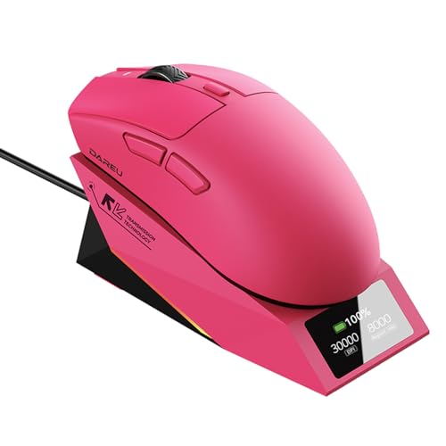 DAREU AE6 Pro Wireless RGB Gaming-Mouse mit Anzeige Magnetic Charging Base - Custom PAW3950 Sensor mit 30K DPI, 750 IPS, Finely Structured, Sweat-Absorbing Surface, 59 g, 500 mAh Batterie - Magenta Bild 1