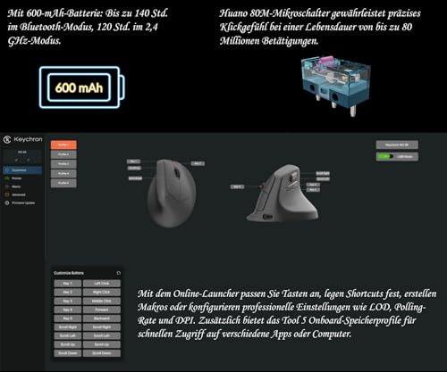 Keychron M5 Kabellose Vertikalmaus (47°) – 8K Polling Rate, PAW3950-Sensor 30.000 DPI, 3-Fach Konnektivität (2.4G/Bluetooth/USB-C), bis zu 140h Akkulaufzeit, Programmierbar, Für Windows/Mac Bild 6